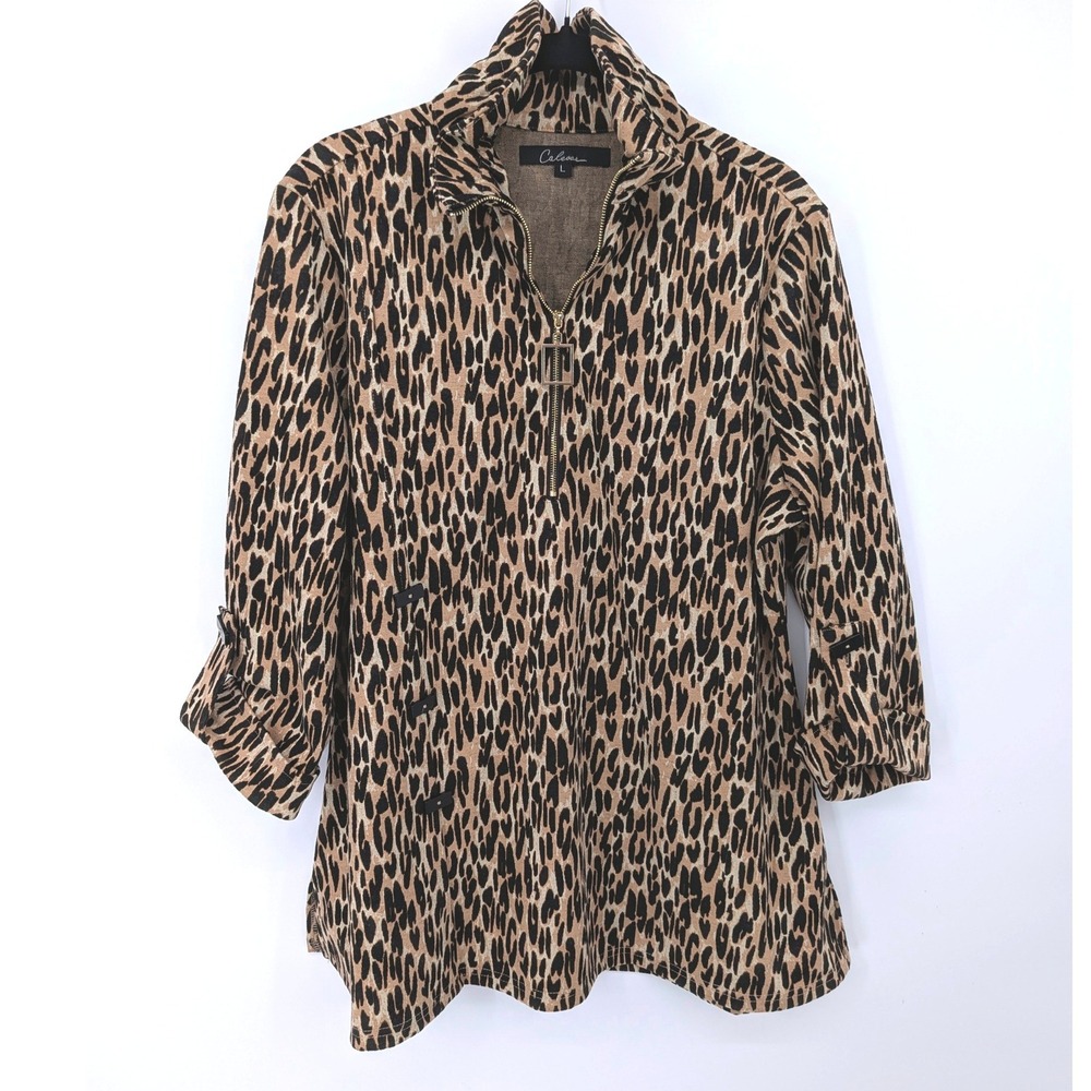 Calessa Leopard Print Top Women Large Brown Animal Print Quarter Zip Pullover